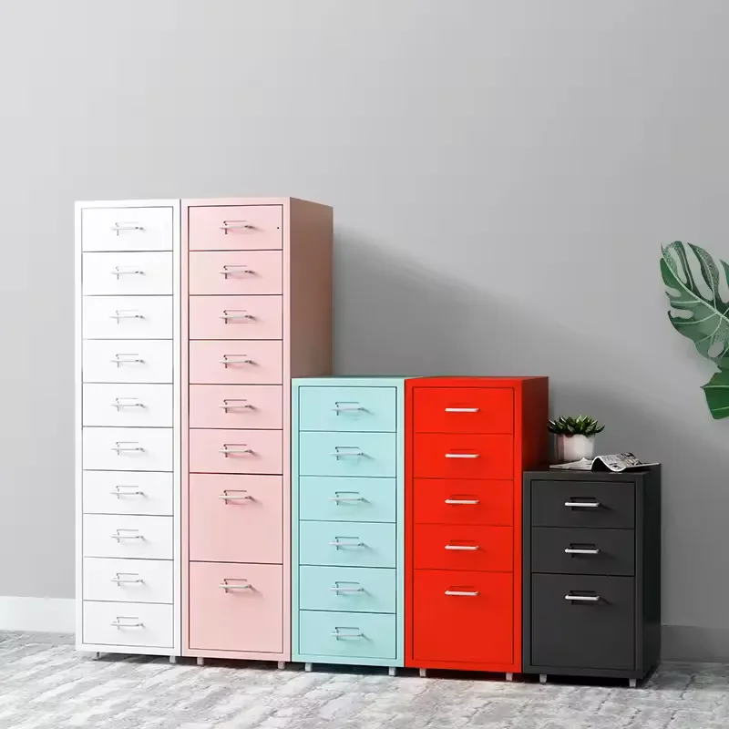 bright red five-drawer filing cabinet with silver handles, standing on a white background. The cabinet dimensions are 690mm in height, 410mm in width, and 280mm in depth. It’s a practical storage solution for organizing documents and office supplies.
