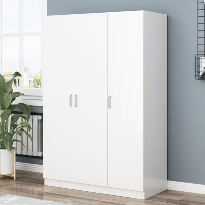 OF Simple Design 3 Door Wooden Wardrobe Cabinet in a minimalist bedroom, with three spacious doors and sturdy hinges, providing ample storage space for clothes, shoes, and accessories