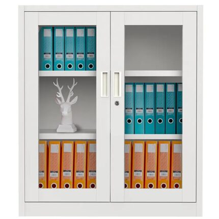 "Modern half height cupboard with glass sliding doors in an office in Riyadh.