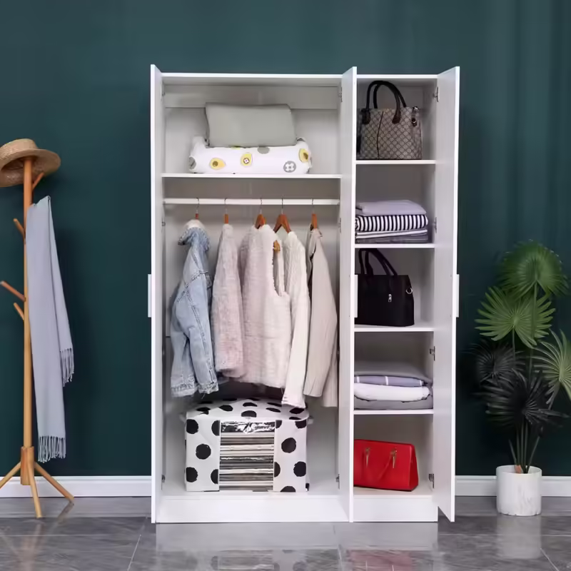 OF Simple Design 3 Door Wooden Wardrobe Cabinet in a minimalist bedroom, with three spacious doors and sturdy hinges, providing ample storage space for clothes, shoes, and accessories