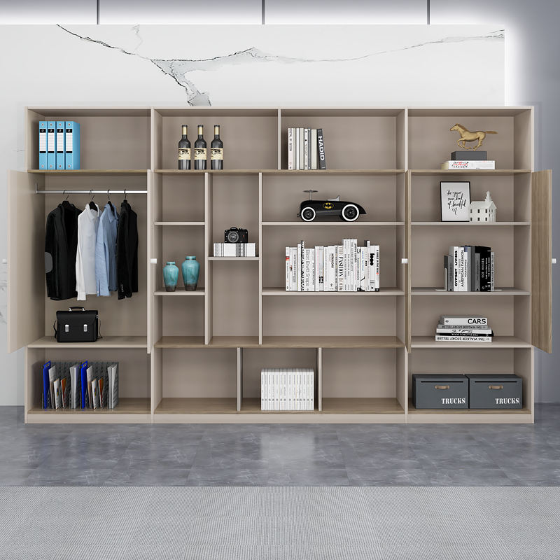 Modern office storage cabinet with shelves and lockable doors. خزانة تخزين مكتبية حديثة بأرفف وأبواب قابلة للإغلاق.